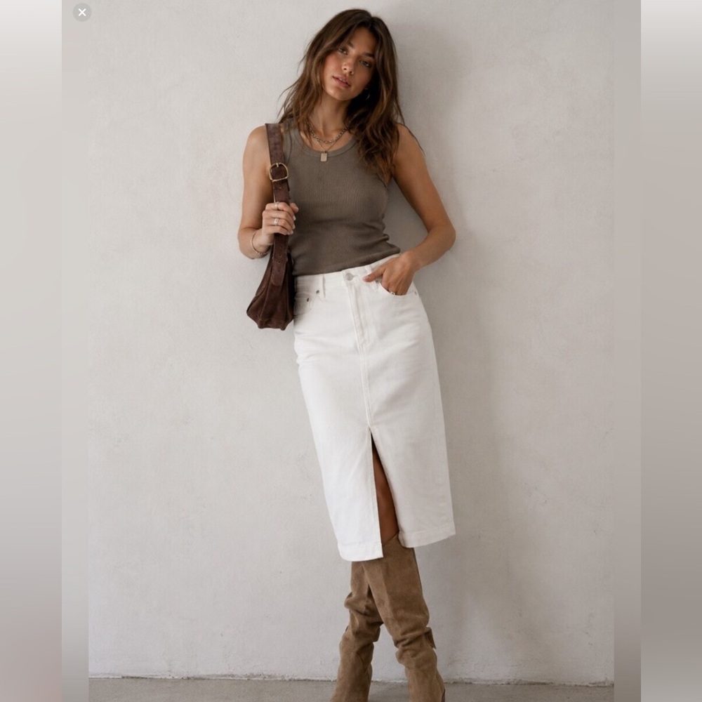 Driftwood Blair White Denim Slit Front Midi Skirt Size 29